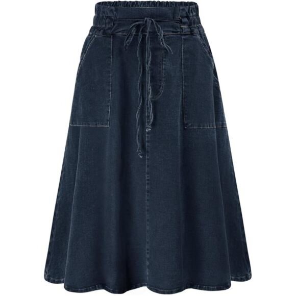 Women Denim Skirts Frill Tie Waist A-Line Dark Blue - Picture 1 of 5